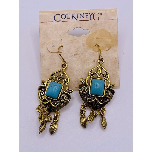 Courtney G Boho Turquoise Dangle Earrings Antique Gold Filigree Drop Western - Picture 1 of 3